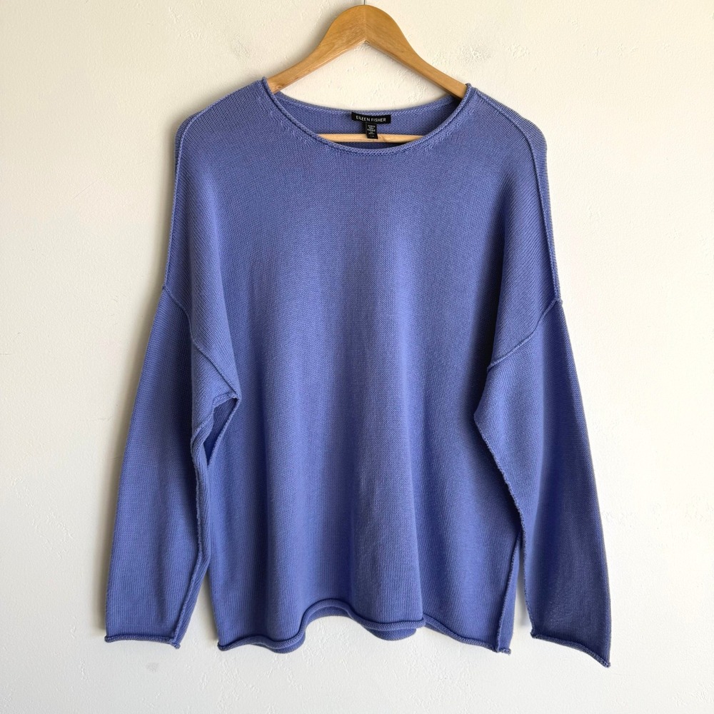 Eileen Fisher Crew Neck Sweater Peruvian Cotton Tencel Blue L Boxy Lagenlook